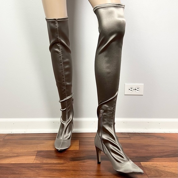 FREE PEOPLE GRAY SATIN OVER-THE-KNEE BOOTS - Picture 6 of 9